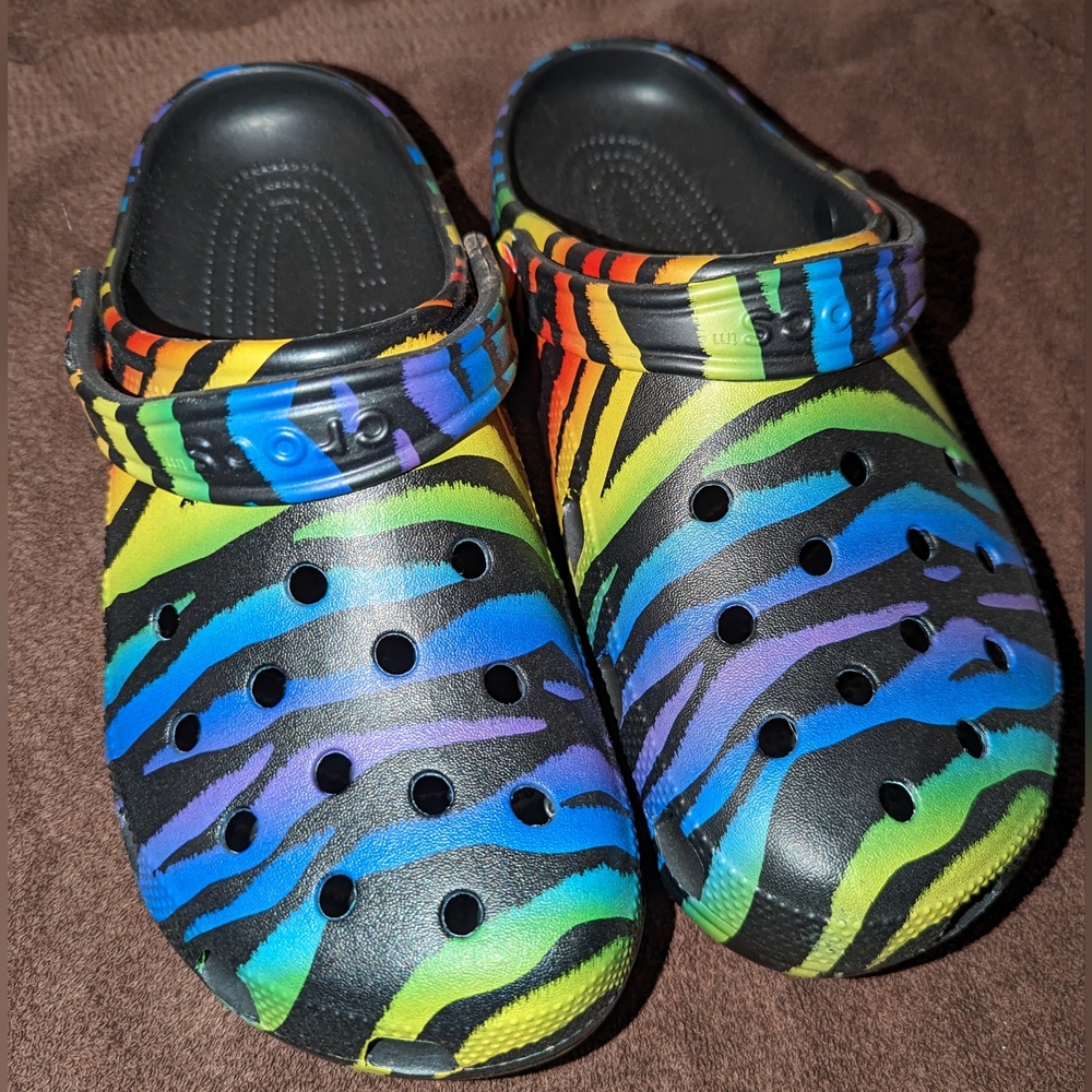 Crocs Clogs, size Women's 11, Rainbow Zebra Print